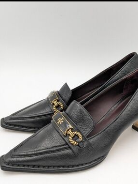 Tory Burch Black Leather Pointed Kitten Heel Loafers with Gold Hardware